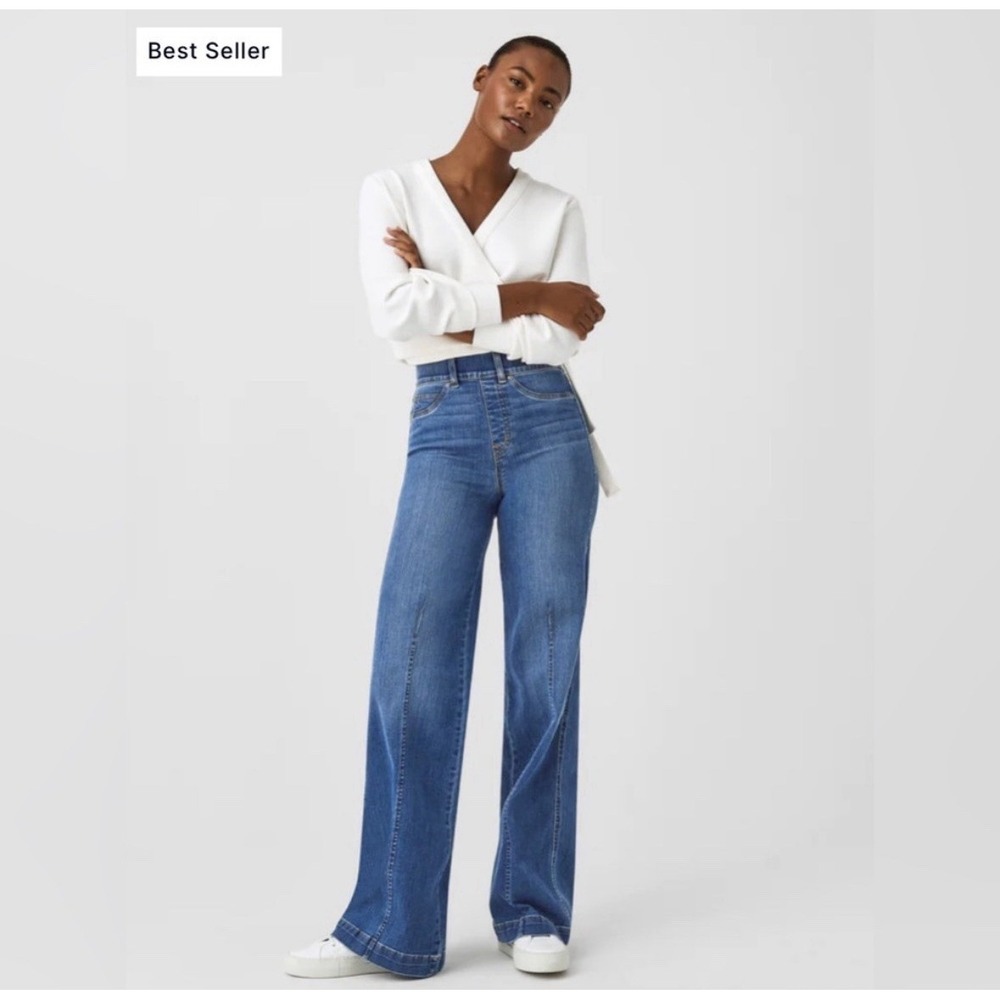 Spanx Women's Seamed Front Wide Leg Blue Jeans Vintage Indigo Wash Size MP NWT